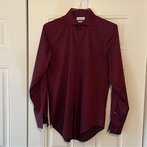 Calvin Klein Mens Dress Shirt Infinite Non-Iron Slim Fit Stretch Maroon Burgundy